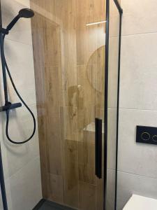 a shower with a glass door in a bathroom at Apartament Planeta 202 - tylko 100 m do plaży, odnowiony w 2024 in Mielno
