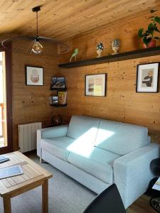 a living room with a blue couch and wooden walls at 40m2 au pied des pistes Hauteluce les saisies 4 à 6 personnes in Hauteluce