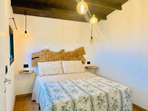 1 dormitorio con 1 cama con cabecero de madera en Sotto L'Ulivo, en Montepulciano