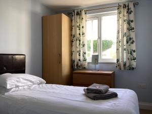 a bedroom with a bed and a window with curtains at The Manian in Kilgetty