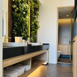 baño con lavabo y pared verde en La Vie - Ocean Paradise en Toucheng