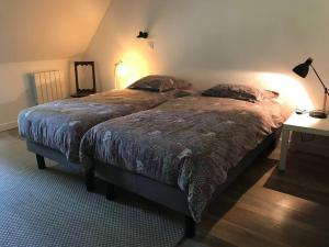 a bedroom with a bed and a table and a lamp at Maison de campagne in Sancergues +11 photos