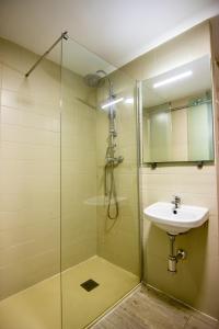 een badkamer met een douche en een wastafel bij RentalSevilla Teodosius Grand Home in Sevilla