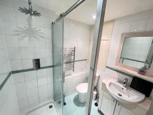 a bathroom with a shower and a toilet and a sink at Happy River Thames View Entire Apartment in London