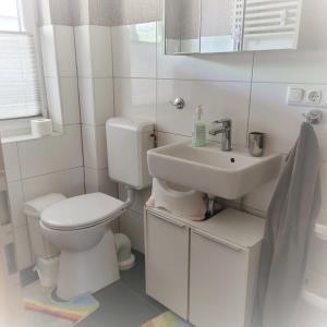 Baño blanco con aseo y lavamanos en Ferienwohnung 1 - a76809, en Groß Vollstedt