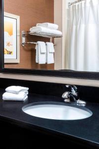 a bathroom with a sink and a mirror and towels at Fairfield Inn & Suites Kansas City Lee's Summit in Lees Summit