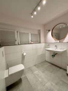 La salle de bains est pourvue de toilettes, d'un lavabo et d'un miroir. dans l'établissement großzügiges Luxusappartement 106qm - Dachterrasse, à Bad Aibling