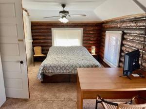 een slaapkamer met een bed, een bureau en een televisie bij Restored historic log cabin & deck on Lake Erie in Luna Pier