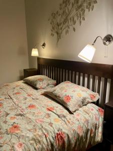 um quarto com uma cama com 2 almofadas e 2 candeeiros em Les Volets Blancs em Braine-le-Comte