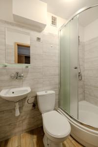 ein Bad mit einem WC, einem Waschbecken und einer Dusche in der Unterkunft Centrum Wypoczynku i Rekreacji Rysy Krynica Zdrój in Krynica-Zdrój