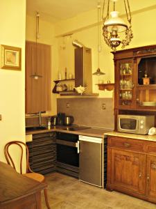 een keuken met een spoelbak en een fornuis bovenste oven bij Maritsa River Apartment in Plovdiv