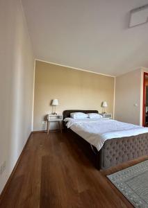 Kuca na Dunavu في بلغراد: غرفة نوم بسرير كبير وارضية خشبية
