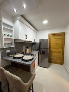 a kitchen with white cabinets and a stainless steel refrigerator at Apartamento centro de la ciudad in San Pedro de Macorís