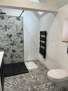 uma casa de banho com um WC e uma cabina de duche em vidro. em Fermette au calme em Arras