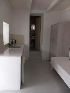 a kitchen with a sink and a bed in a room at Louloudasrooms Studio in Molos Parou