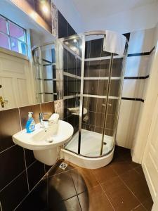 a bathroom with a glass shower and a sink at Main Market Square Apartments in Krakow