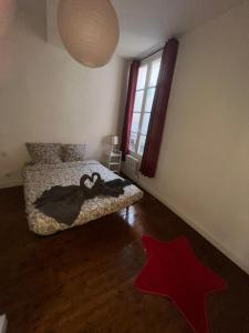 a bedroom with a bed and a red star on the floor at Béziers : charmant appartement cœur de ville, WIFI in Béziers