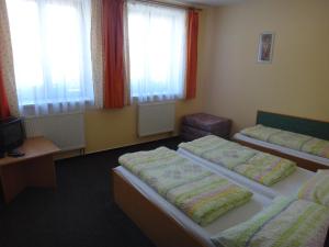 a room with two beds and a tv and windows at Penzion u Bednářů in Pavlov