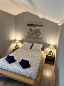 a bedroom with a bed with blue pillows on it at Relais de la Venise verte in Coulon
