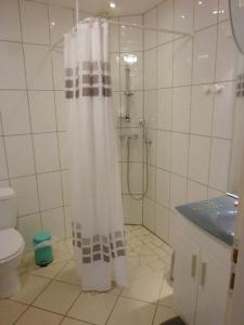 uma casa de banho branca com um chuveiro e um WC. em Le Gîte de Jules en Meuse à VIGNOT près de MADINE em Vignot