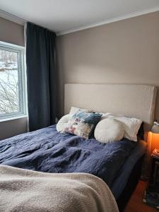 a bedroom with a bed with pillows and a window at Luxury Mountain Apt with Sauna in Narvik