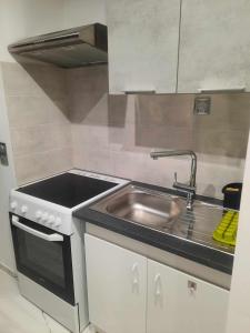 uma cozinha com um lavatório e um fogão em Esperanza em Cap d'Agde
