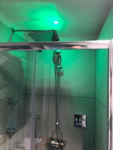 a green bathroom with a shower with a camera at Chalet charme vista panoramica sauna idromassaggio (Chalet Fanella) in Valtournenche