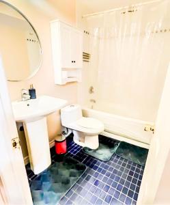La salle de bains est pourvue d'un lavabo, de toilettes et d'une baignoire. dans l'établissement Cozy basement,, à Colline De Richmond