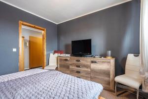 a bedroom with a bed and a tv on a dresser at Fewo Omatina in Bannewitz