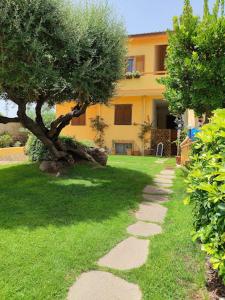 a tree in front of a house with a walkway at Il Sentiero B&Bìo in SantʼAntìoco