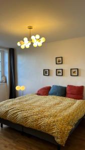 1 dormitorio con cama y lámpara de araña en appartement lumineux, en Montfort-lʼAmaury