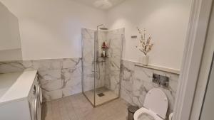 a white bathroom with a shower and a toilet at Rum med havsutsikt in Malmö