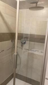 um chuveiro com uma porta de vidro na casa de banho em Baita Misseroni Trilocale em Rabbi