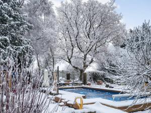 a swimming pool covered in snow next to some trees at Retreat by the Mill - for a relaxing getaway in Cottered