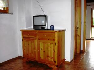 un televisor sentado en la parte superior de un tocador de madera en Baita Misseroni Quadrilocale, en Rabbi