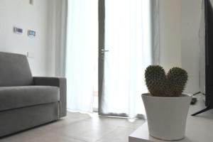 una olla blanca con cactus en la sala de estar en Appartamento Medea, en Cavernago