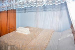 een slaapkamer met een bed met witte gordijnen en een raam bij The Bay House in Homa Bay