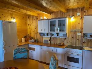 a kitchen with white appliances and wooden walls at NuA House "Kapri" in Gornji Štoj +22 photos