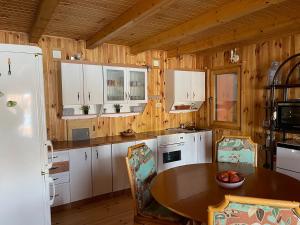 a kitchen with white cabinets and a wooden wall at NuA House "Kapri" in Gornji Štoj