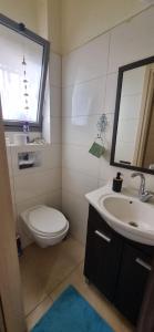 La salle de bains est pourvue de toilettes, d'un lavabo et d'un miroir. dans l'établissement אור בתבור, אירוח בכפר תבור., à Kefar Tavor