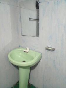 baño con lavabo verde y espejo en ohiya colonial bungalow, en Ohiya