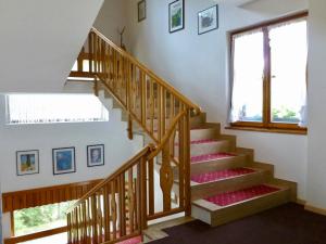 a staircase in a house with red carpeted floors at Carezza LAKE & RIVER Hotel in Carezza al Lago
