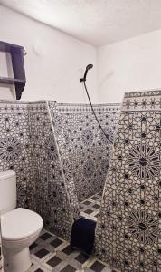 a bathroom with a toilet and a shower curtain at Dar Bryan in Fès