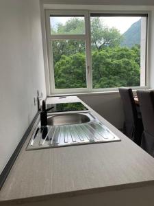 encimera de cocina con fregadero y ventana en Alps Apartments Viktory, en Bolzano