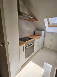 La cuisine est équipée de placards blancs et d'un four avec plaques de cuisson. dans l'établissement Plitvice Studio Sara, aux lacs de Plitvice