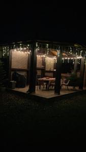 a patio with a table and lights at night at Casa Murgulet in Drăgăşani