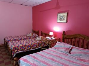 ein Schlafzimmer mit 2 Betten und einem Tisch mit einer Lampe in der Unterkunft Casa Petalos Rojos in Barrio Rivadavia