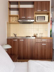 a kitchen with wooden cabinets and a microwave at Zlatna Ribica in Golubac