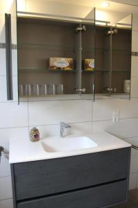 een badkamer met een wastafel en een spiegel bij NEU! Ferienwohnung Nickel in Ahausen
