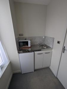 eine kleine Küche mit einer Spüle und einer Mikrowelle in der Unterkunft Hôtel Le Verger in Saint Laurent Nouan